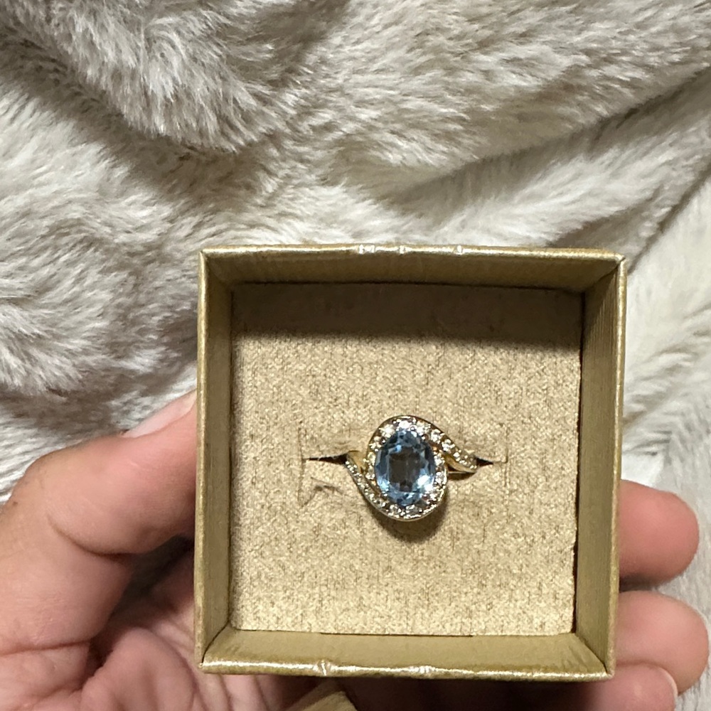 Gold Halo Blue Gemstone Ring - Women Jewelry